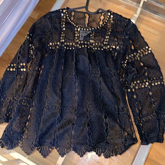 Maeve by Anthropology black lace blouse with bronze studs throughout - Picture 2 of 16